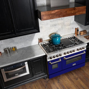 ZLINE 48 in. 6.0 cu. ft. Legacy Dual Fuel Range with 7 Burner Gas Cooktop and 2 Electric Ovens in Stainless Steel and Blue Matte Doors (RA-BM-48) in a luxury kitchen.