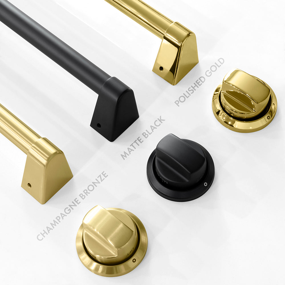 Autograph Edition handles and knobs finish comparison. Bottom Left: Champagne Bronze. Center: Matte Black. Top Right: Polished Gold.