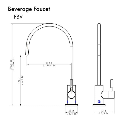 ZLINE Drink Faucet in Matte Black (FBV-MB) dimensional diagram.