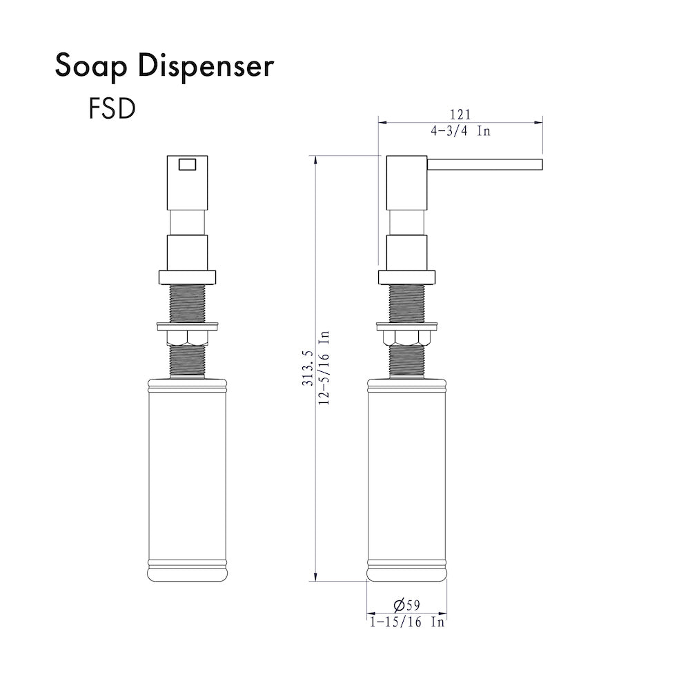 ZLINE Faucet Soap Dispenser in Polished Gold (FSD-PG) dimensional diagram.