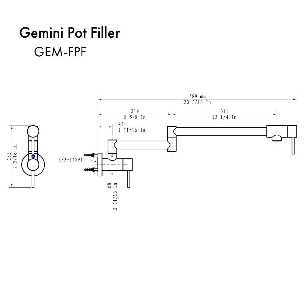 ZLINE Gemini Pot Filler in Chrome (GEM-FPF-CH) dimensional diagram.