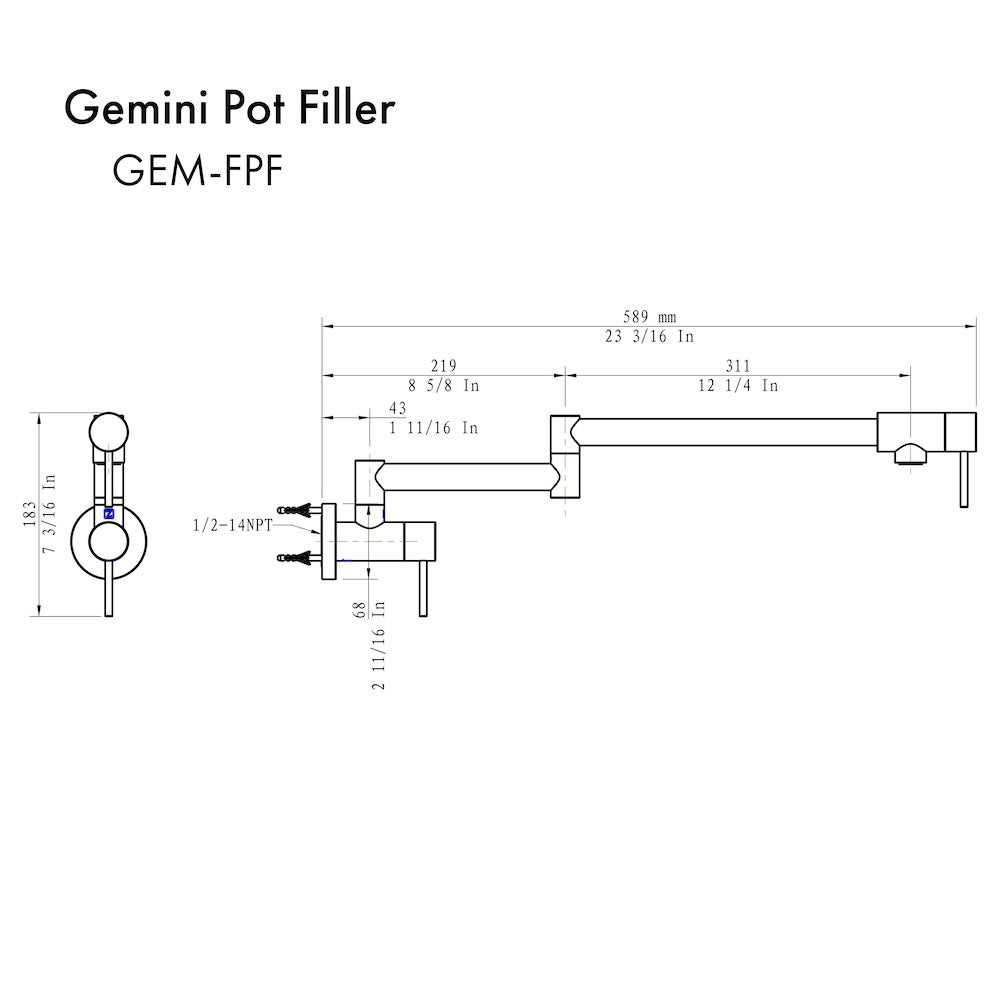 ZLINE Gemini Pot Filler in Matte Black (GEM-FPF-MB) dimensional diagram.