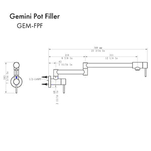 ZLINE Gemini Pot Filler in Matte Black (GEM-FPF-MB) dimensional diagram.