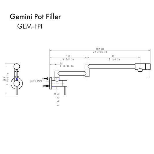 ZLINE Gemini Pot Filler in Brushed Nickel (GEM-FPF-BN) dimensional diagram.