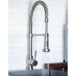 ZLINE Apollo Pull Down Spring Single Handle Kitchen Faucet in Brushed Nickel (APL-KF-BN) in a luxury kitchen.