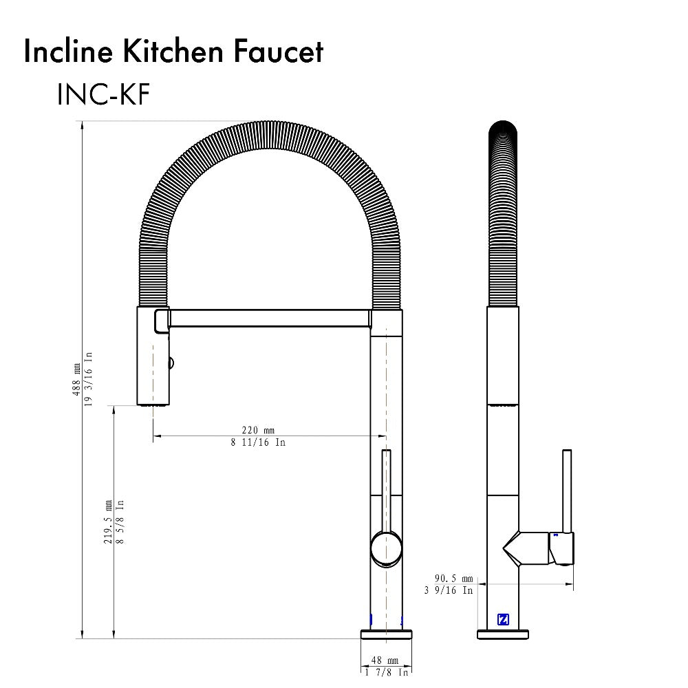 ZLINE Incline Pull Down Kitchen Faucet in Matte Black (INC-KF-MB) dimensional diagram.