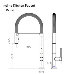 ZLINE Incline Pull Down Single Handle Kitchen Faucet in Polished Gold (INC-KF-PG) dimensional diagram.