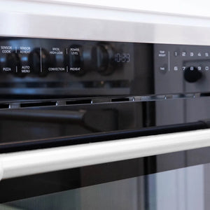 Close-up of ZLINE 24 in. 1.6 cu. ft. Built-in Convection Microwave Oven in Stainless Steel with Speed and Sensor Cooking (MWO-24) with control panel and digital display.