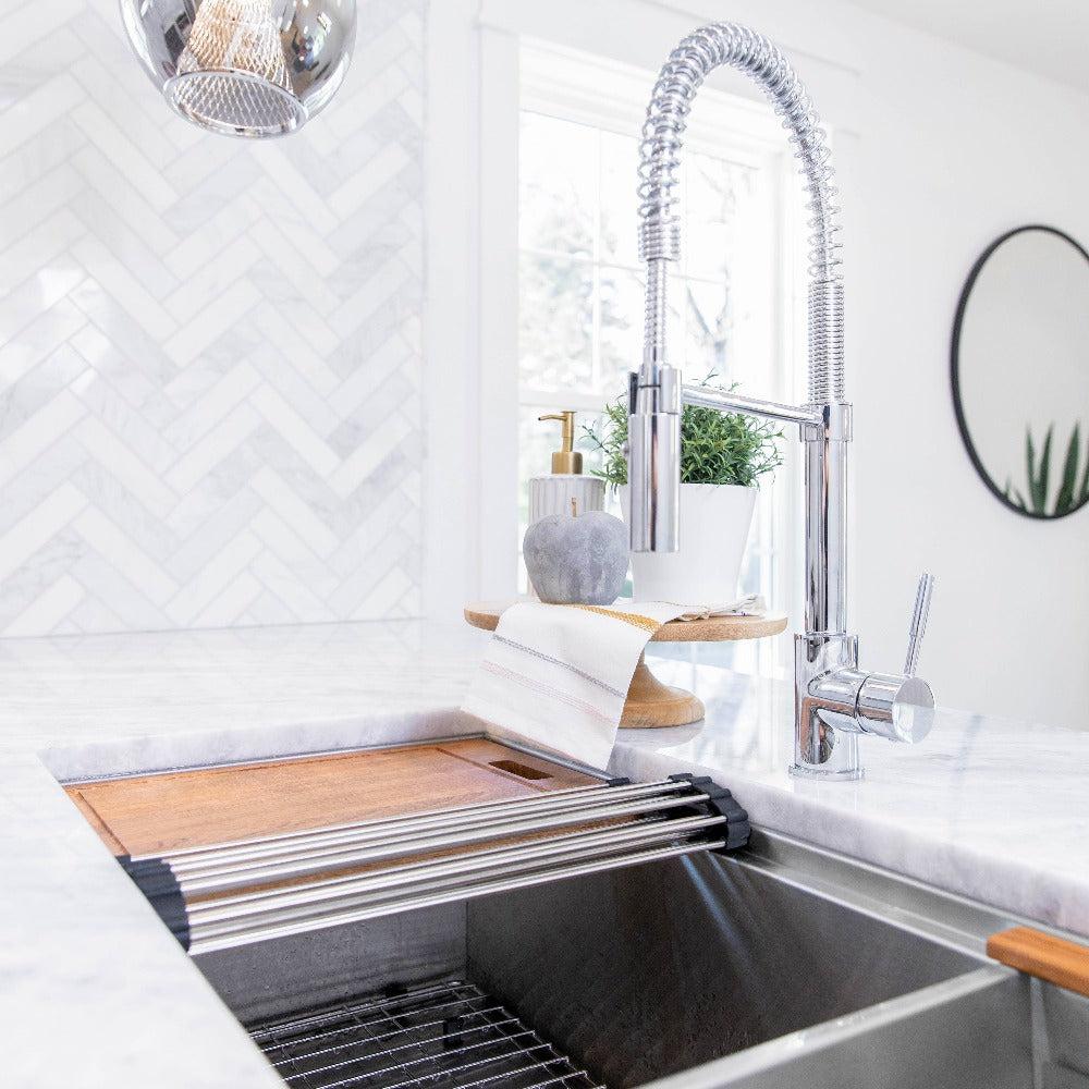 ZLINE Sierra Kitchen Faucet in Chrome (SRA-KF-CH) lifestyle, in a cottage-style kitchen.