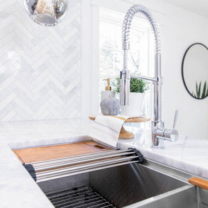 ZLINE Sierra Kitchen Faucet in Chrome (SRA-KF-CH) lifestyle, in a cottage-style kitchen.