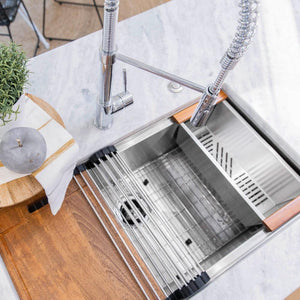 ZLINE Sierra Pull Down Spring Single Handle Kitchen Faucet in Chrome (SRA-KF-CH) in a cottage-style kitchen, above.