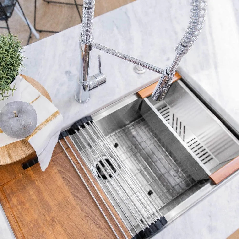 ZLINE Sierra Pull Down Spring Single Handle Kitchen Faucet in Chrome (SRA-KF-CH) in a cottage-style kitchen, above.