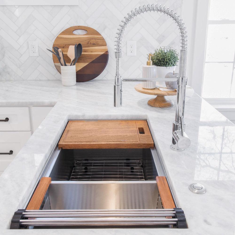 ZLINE Sierra Kitchen Faucet in Chrome (SRA-KF-CH) in a cottage-style kitchen, profile.