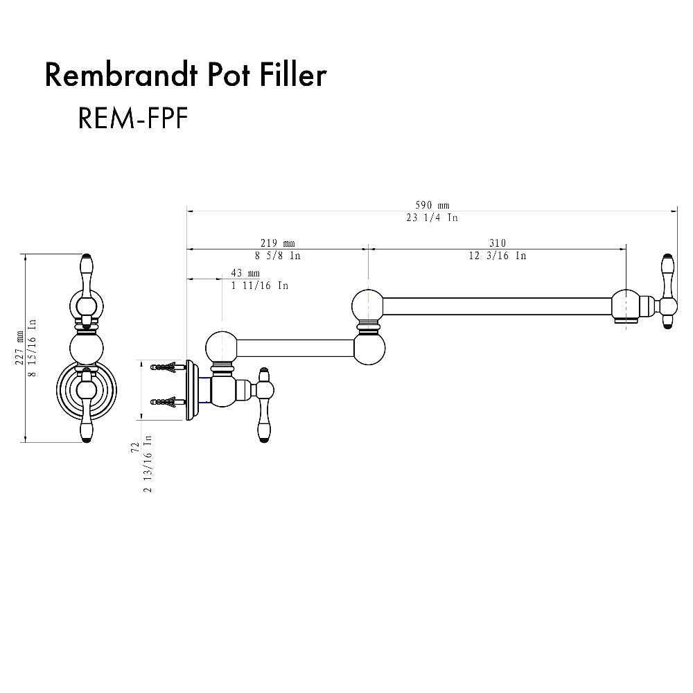 ZLINE Rembrandt Double Handle Pot Filler in Polished Gold (REM-FPF-PG) dimensional diagram.