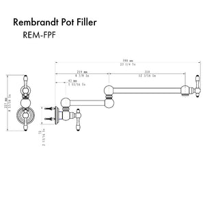 ZLINE Rembrandt Double Handle Pot Filler in Polished Gold (REM-FPF-PG) dimensional diagram.