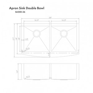 ZLINE Niseko 36 in. Farmhouse Apron Mount Double Bowl Stainless Steel Kitchen Sink with Bottom Grid (SA50D-36) dimensional diagram.