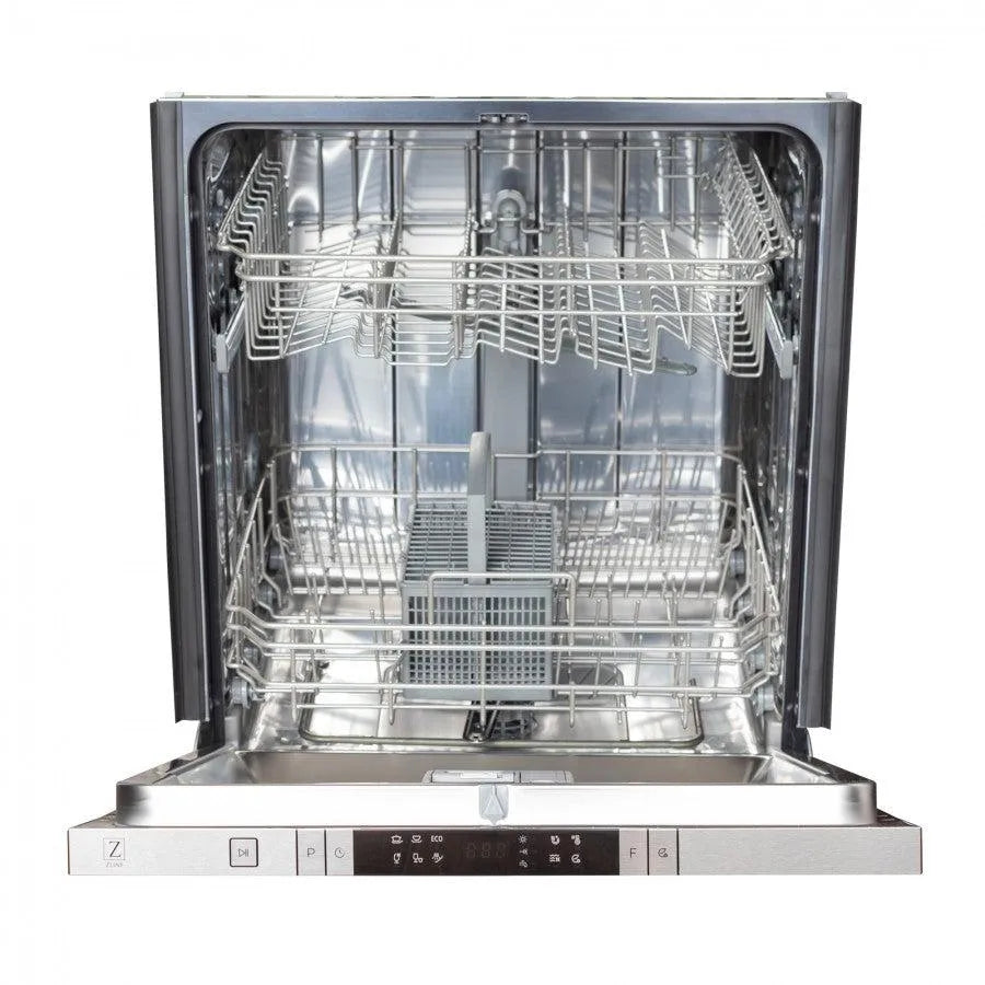 ZLINE 24 in. Top Control Built-In Dishwasher with Satin Stainless Steel Panel and Stainless Steel Tub with Traditional Style Handle, 52dBa (DW-SN-H-24) front, open.
