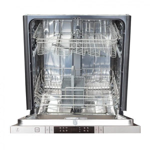 ZLINE 24 in. Top Control Built-In Dishwasher with Satin Stainless Steel Panel and Stainless Steel Tub with Traditional Style Handle, 52dBa (DW-SN-H-24) front, open.