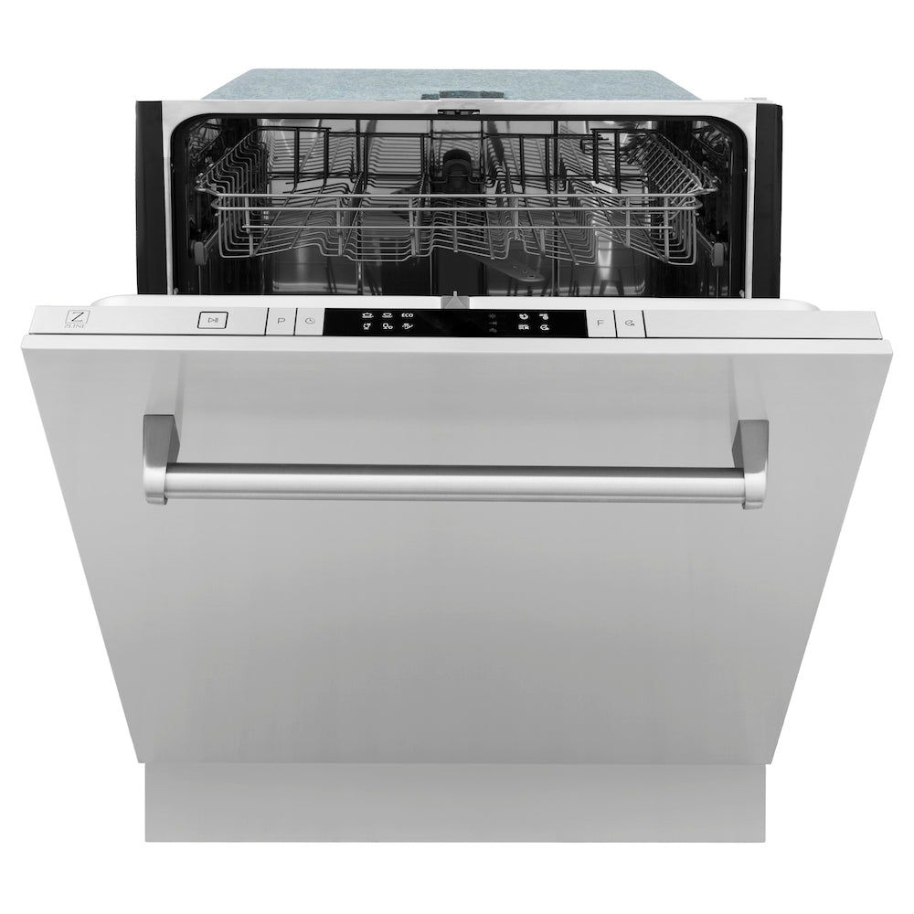 ZLINE 24 in. Top Control Dishwasher with Stainless Steel Panel and Traditional Style Handle, 52dBa (DW-304-H-24) front, half open.