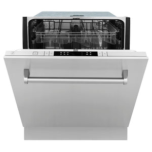 ZLINE 24 in. Top Control Dishwasher with Stainless Steel Panel and Traditional Style Handle, 52dBa (DW-304-H-24) front, half open.