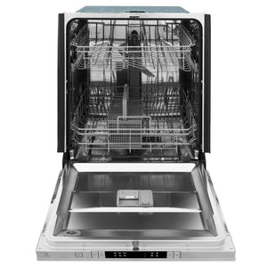 ZLINE 24 in. Top Control Dishwasher with Stainless Steel Panel and Traditional Style Handle, 52dBa (DW-304-H-24) front, open.