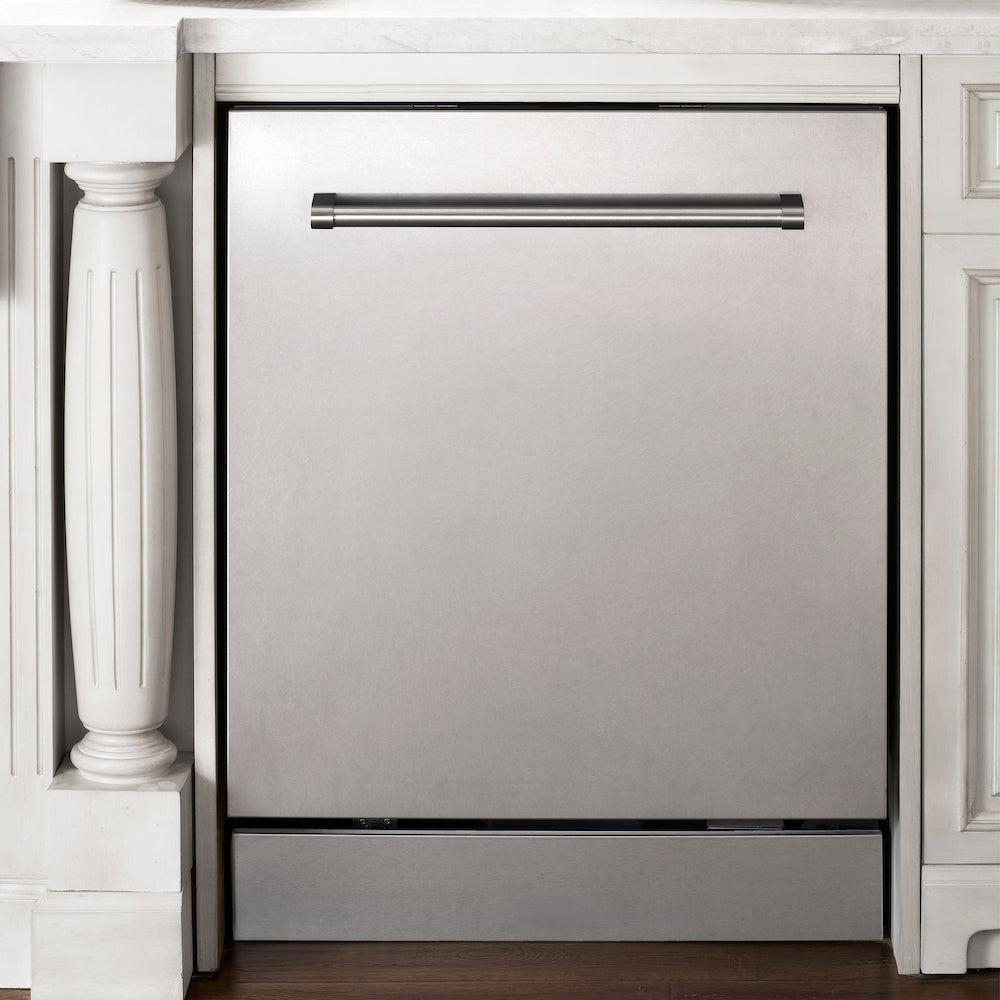 ZLINE 24 in. Top Control Dishwasher with Stainless Steel Panel and Traditional Style Handle, 52dBa (DW-304-H-24) in a white kitchen cabinet.