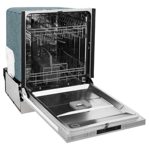 ZLINE 24 in. Top Control Dishwasher with Stainless Steel Panel and Traditional Style Handle, 52dBa (DW-304-H-24) side, open.