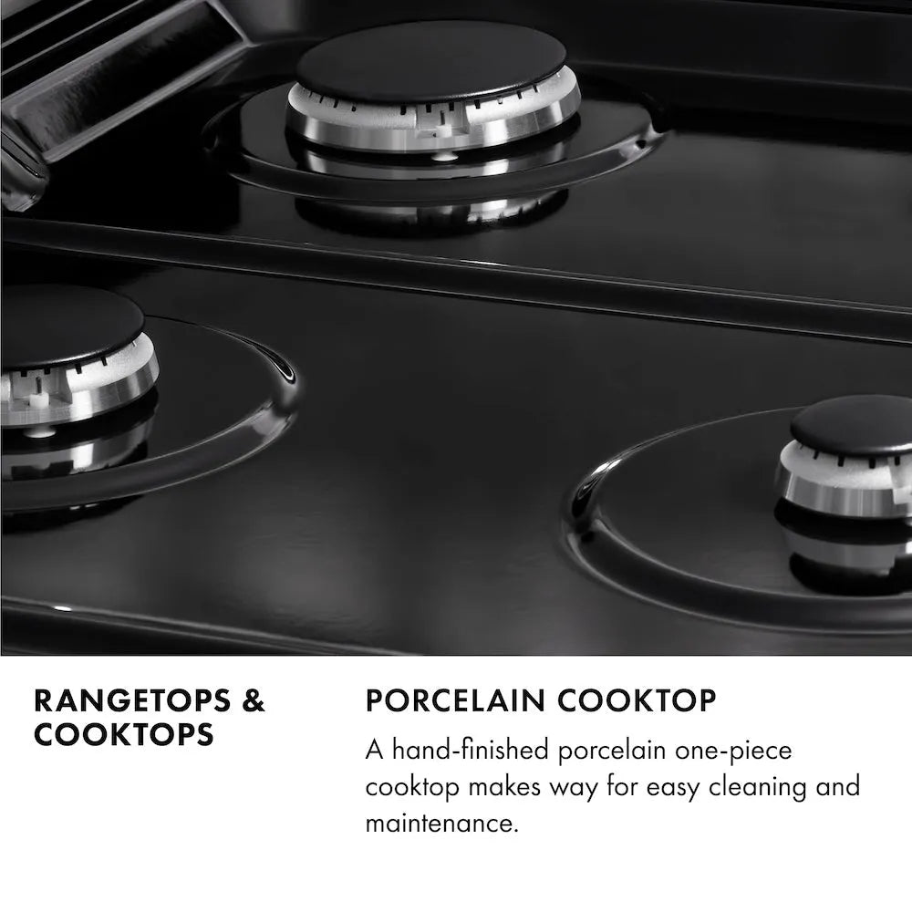 Rangetops and Cooktops Infographic. Image: Close-up of black porcelain cooktop and burners. Text: Porcelain Cooktop. A hand-finished porcelain one-piece cooktop makes way for easy cleaning and maintenance.