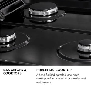 Rangetops and Cooktops Infographic. Image: Close-up of black porcelain cooktop and burners. Text: Porcelain Cooktop. A hand-finished porcelain one-piece cooktop makes way for easy cleaning and maintenance.