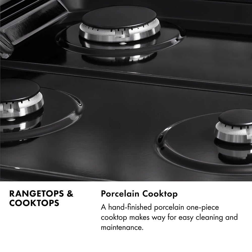Rangetops and Cooktops Infographic. Image: Close-up of black porcelain cooktop and burners. Text: Porcelain Cooktop. A hand-finished porcelain one-piece cooktop makes way for easy cleaning and maintenance.