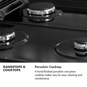 Rangetops and Cooktops Infographic. Image: Close-up of black porcelain cooktop and burners. Text: Porcelain Cooktop. A hand-finished porcelain one-piece cooktop makes way for easy cleaning and maintenance.