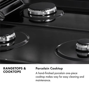 Rangetops and Cooktops Infographic. Image: Close-up of black porcelain cooktop and burners. Text: Porcelain Cooktop. A hand-finished porcelain one-piece cooktop makes way for easy cleaning and maintenance.