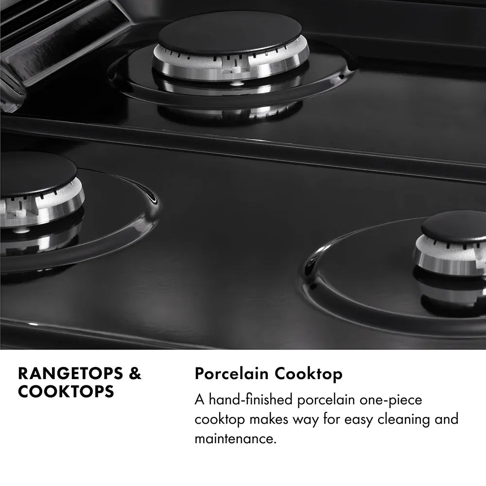 Rangetops and Cooktops Infographic. Image: Close-up of black porcelain cooktop and burners. Text: Porcelain Cooktop. A hand-finished porcelain one-piece cooktop makes way for easy cleaning and maintenance.