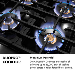 DuoPro™ Cooktop Infographic. Text: Maximum potential. 30 in. DuoPro™ Cooktops are capable of delivering 85,000 BTUs of cooking power across 4 Italian-forged brass burners.