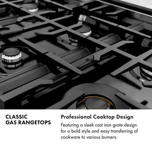 Classic Gas Rangetops Infographic. Image: Cast-Iron Grates and Burners. Text: Professional Cooktop Design. Featuring a sleek cast iron grate design for a bold style and easy transferring of cookware to various burners.