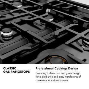 Classic Gas Rangetops Infographic. Image: Burners and grates. Text: Professional Cooktop Design. Featuring a sleek cast iron grate design for a bold style and easy transferring of cookware to various burners.