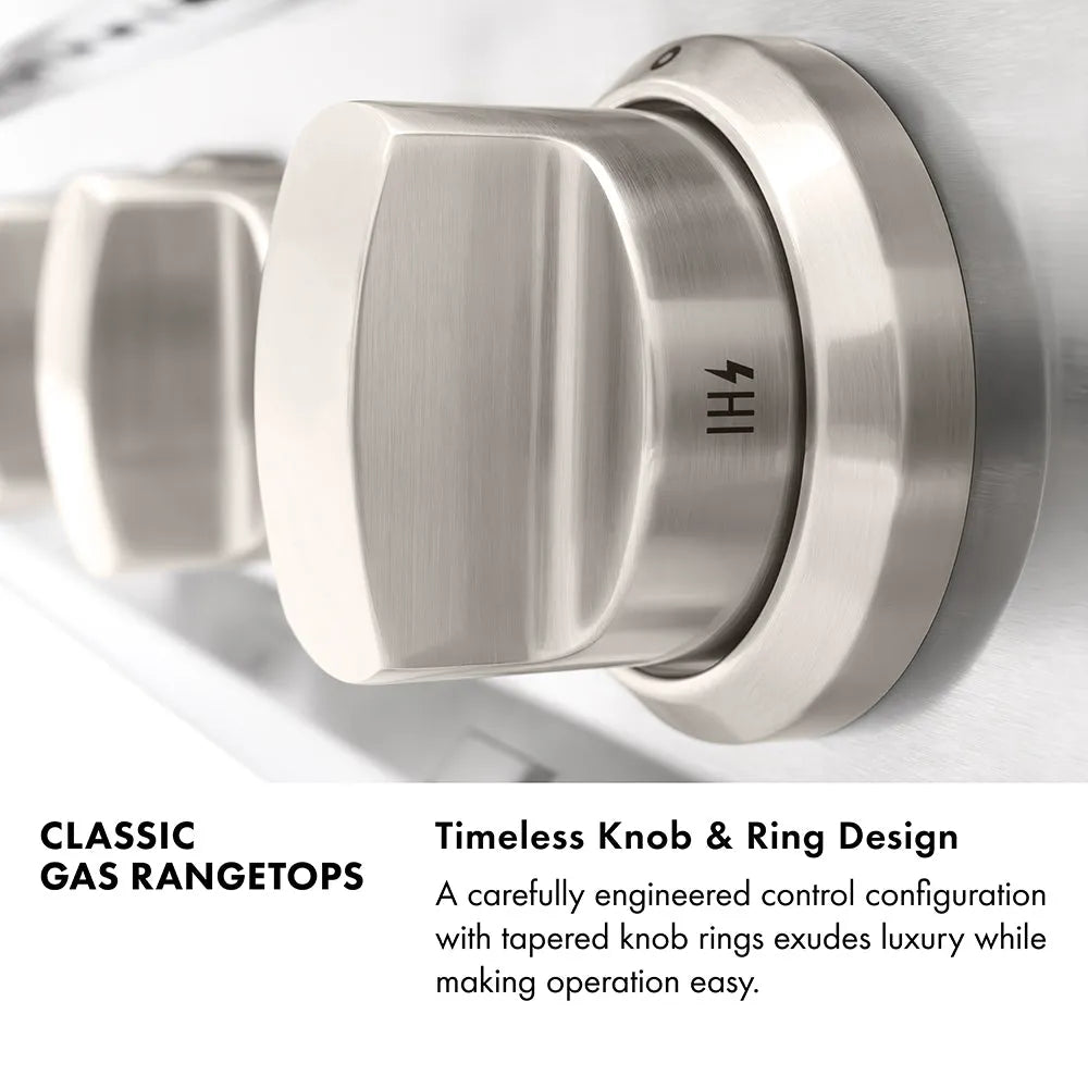 Classic Gas Rangetops Infographic. Image: Rangetop Control Knobs. Text: Timeless Knob and Ring Design. A carefully engineered control configuration with tapered knob rings exudes luxury while making operation easy.