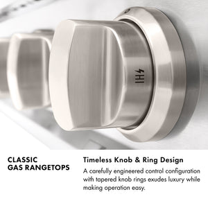 Classic Gas Rangetops Infographic. Image: Rangetop Control Knobs. Text: Timeless Knob and Ring Design. A carefully engineered control configuration with tapered knob rings exudes luxury while making operation easy.