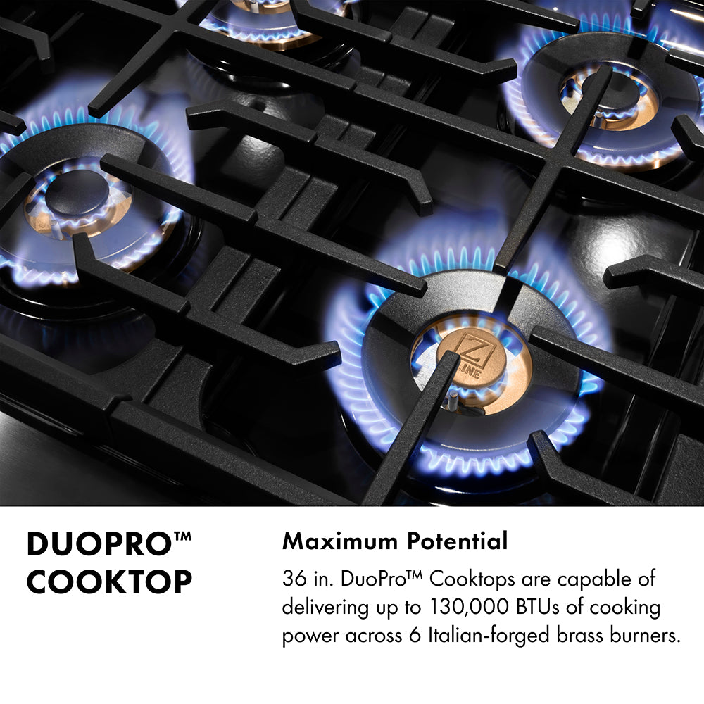 DuoPro Cooktop Infographic. Text: Maximum potential. 36 in. DuoPro Cooktops are capable of delivering 170,000 BTUs of cooking power across 6 Italian-forged brass burners.