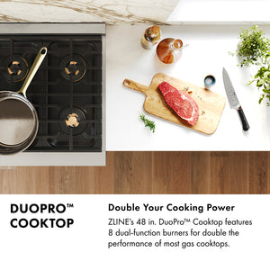 DuoPro™ Cooktop Infographic. Text: Double your cooking power. ZLINE's 48 in. DuoPro™ Cooktop features 8 dual-function burners for double the performance of most gas cooktops.