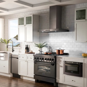 Farmhouse kitchen with ZLINE 36 in. Convertible Vent Wall Mount Range Hood in Black Stainless Steel (BSKEN-36) and white cabinets