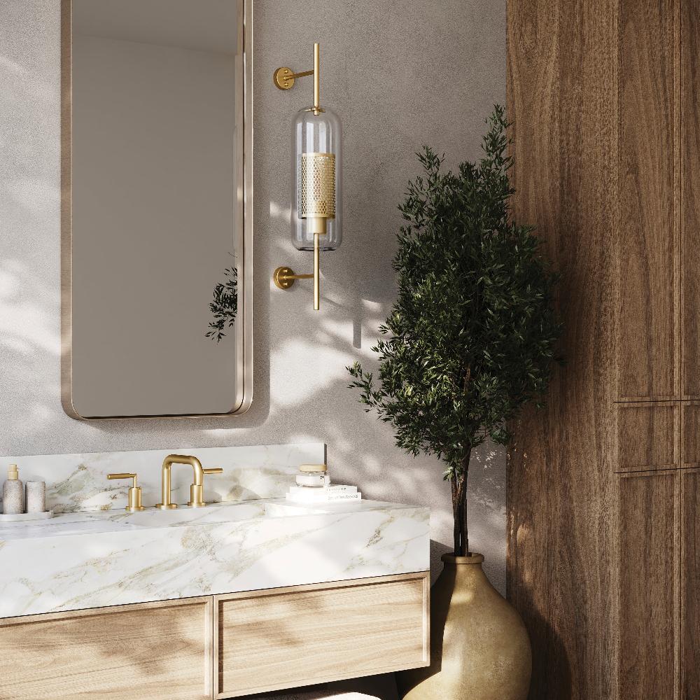 ZLINE El Dorado Widespread Bath Faucet in Polished Gold (ELD-BF-PG) in a luxury bathroom with marble vanity, wide.