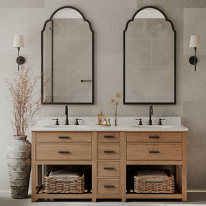 Two ZLINE Emerald Bay Widespread Bath Faucets in Matte Black (EMBY-BF-MB) in a luxury mountain-style bathroom with double vanities.