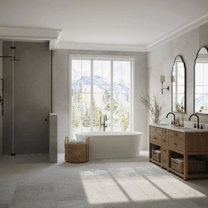 ZLINE Emerald Bay Thermostatic Shower System with Body Jets in Matte Black (EMBY-SHS-T3-MB) in a luxury bathroom.