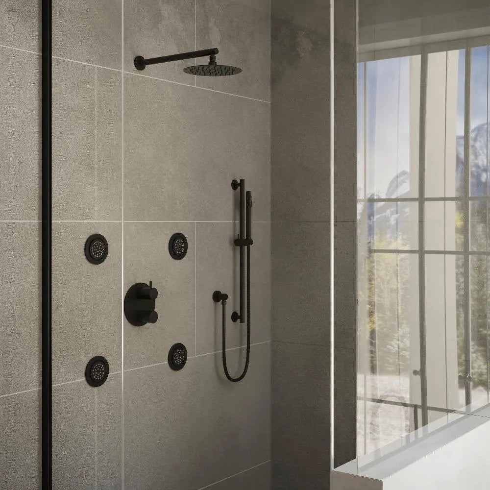 ZLINE Emerald Bay Thermostatic Shower System with Body Jets in Matte Black (EMBY-SHS-T3-MB) in a luxury bathroom.