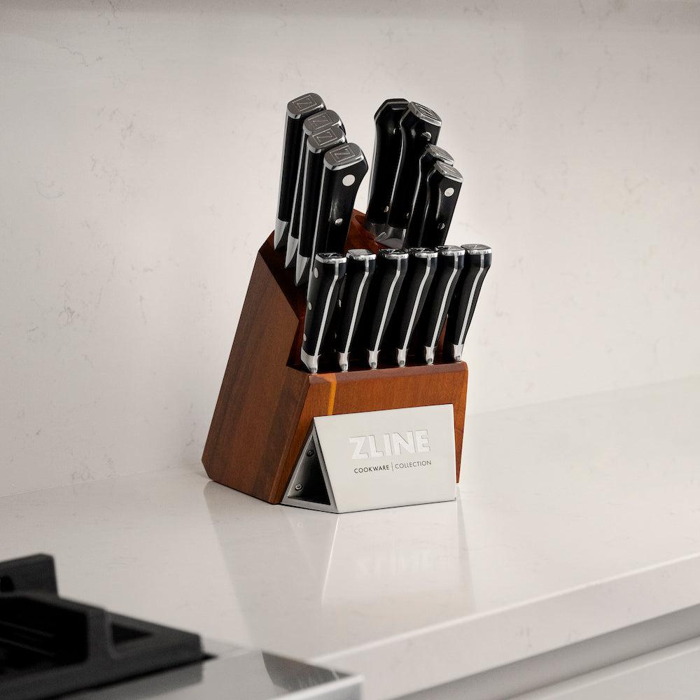 ZLINE 15-Piece Professional German Steel Kitchen Knife Block Set (KSETT-GS-15) in a luxury kitchen with gleaming white countertops.