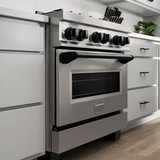 ZLINE Autograph Edition 30 in. 4.0 cu. ft. Legacy Dual Fuel Range with 4 Burner Gas Cooktop and Electric Convection Oven in Stainless Steel and Matte Black Accents (RAZ-30-MB) close-up, in a luxury white mountain-style kitchen, side.
