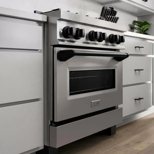 ZLINE Autograph Edition 30 in. 4.0 cu. ft. Legacy Dual Fuel Range with 4 Burner Gas Cooktop and Electric Convection Oven in Stainless Steel and Matte Black Accents (RAZ-30-MB) close-up, in a luxury white mountain-style kitchen, side.