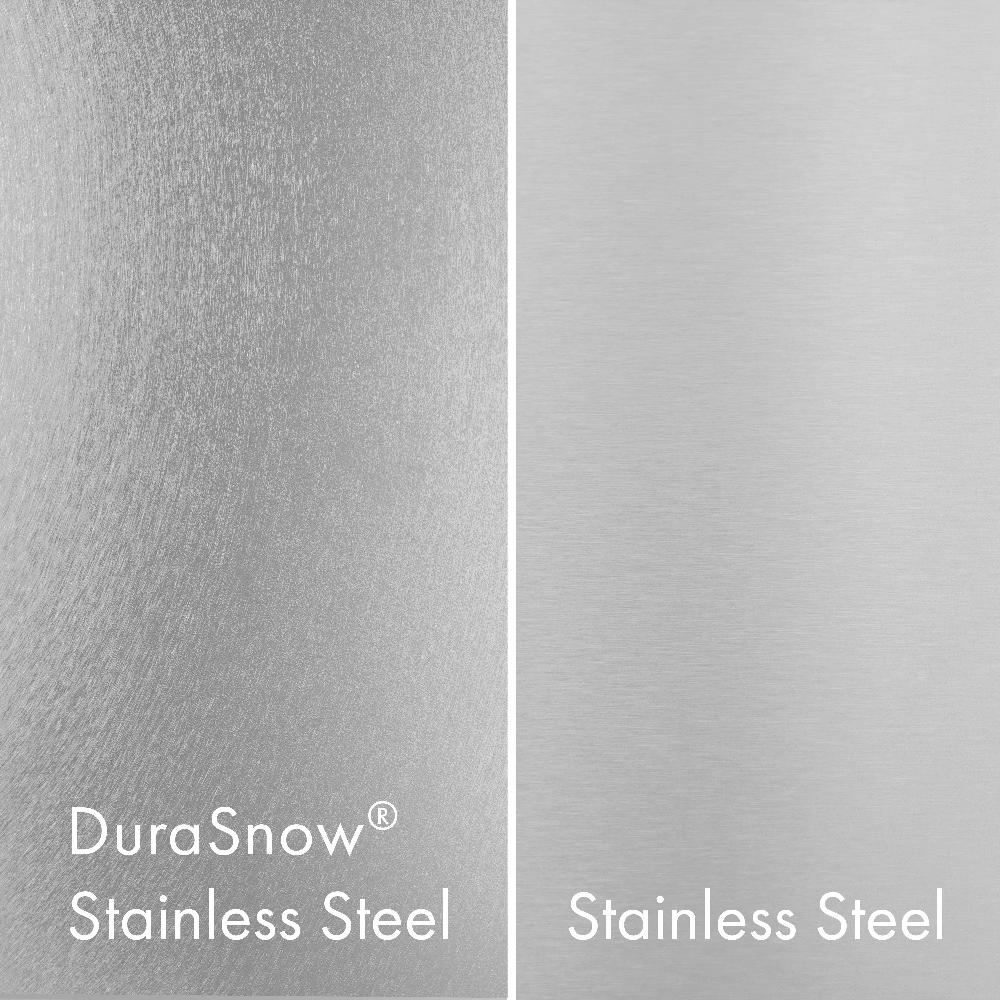 ZLINE exclusive fingerprint resistant DuraSnow® Stainless Steel (left) compared with standard stainless steel (right).