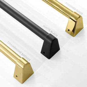 ZLINE Autograph Edition handle finish comparisons. Left - Champagne Bronze. Center - Matte Black. Right - Polished Gold.